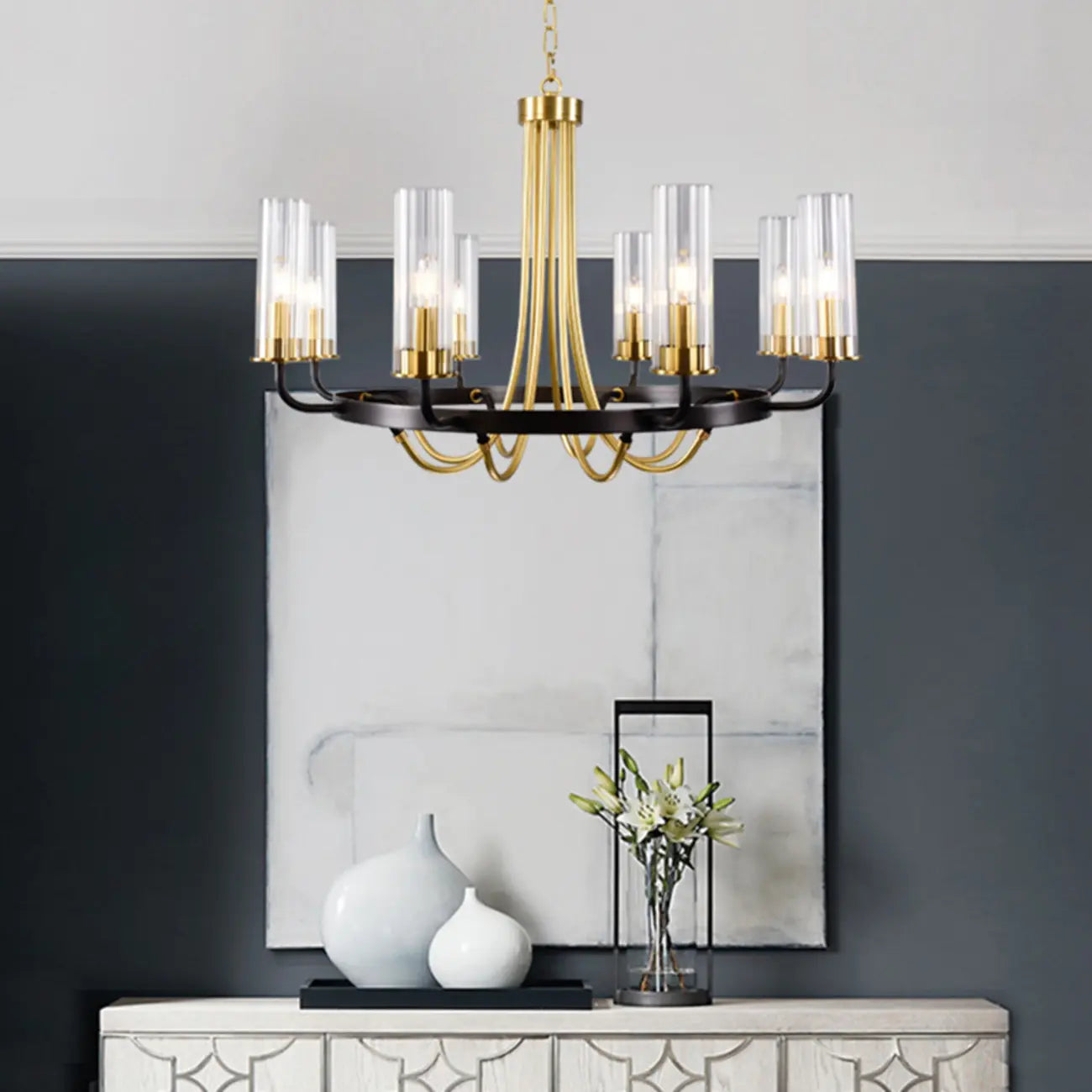 Lustre moderne rond noir et or avec abat-jour en verre transparent