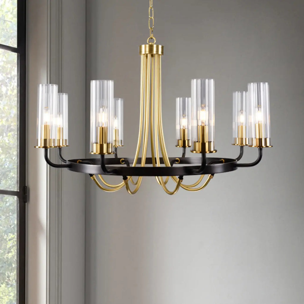 Lustre moderne rond noir et or avec abat-jour en verre transparent