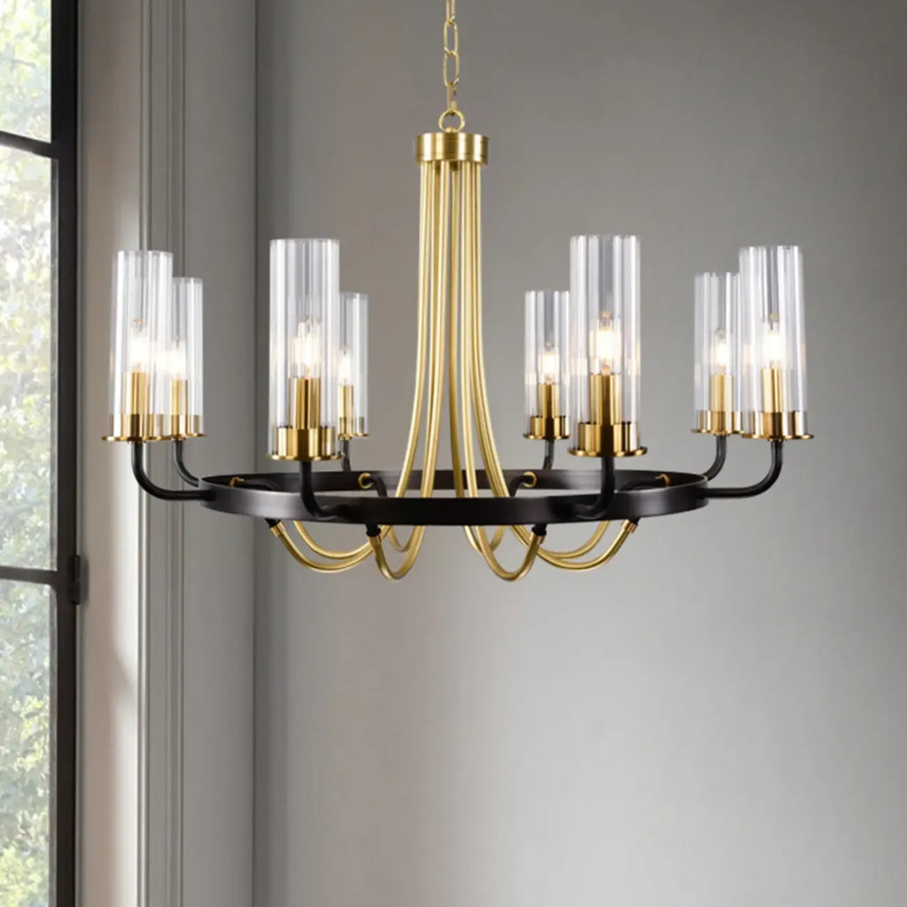 Lustre moderne rond noir et or avec abat-jour en verre transparent