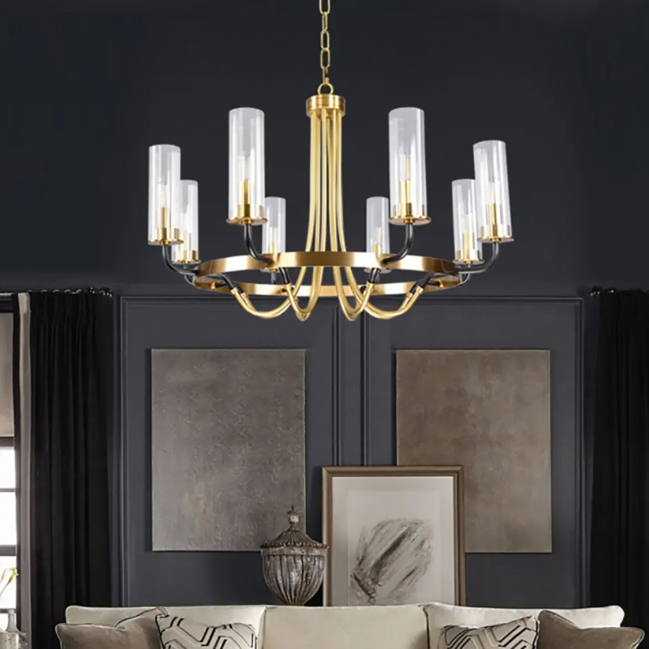 Lustre moderne rond noir et or avec abat-jour en verre transparent
