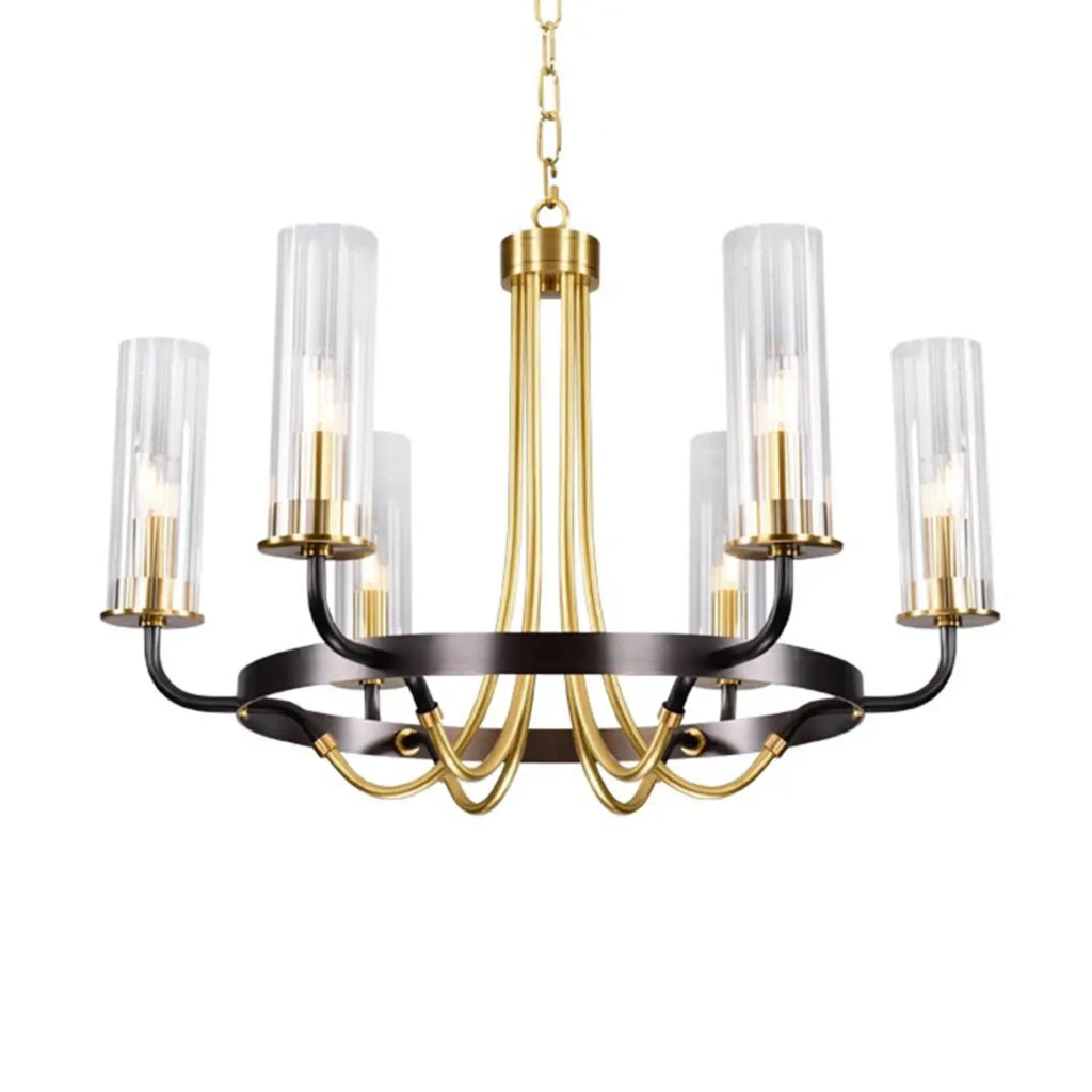 Lustre moderne rond noir et or avec abat-jour en verre transparent