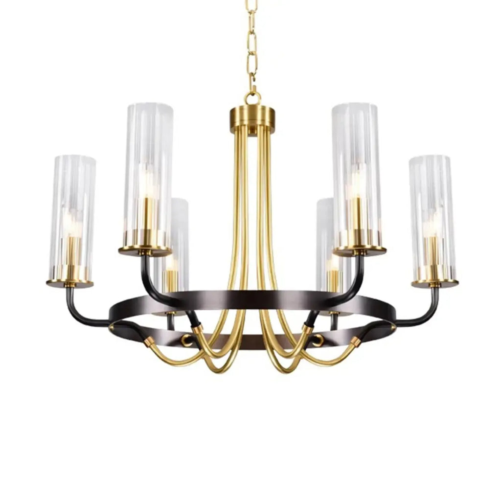 Lustre moderne rond noir et or avec abat-jour en verre transparent