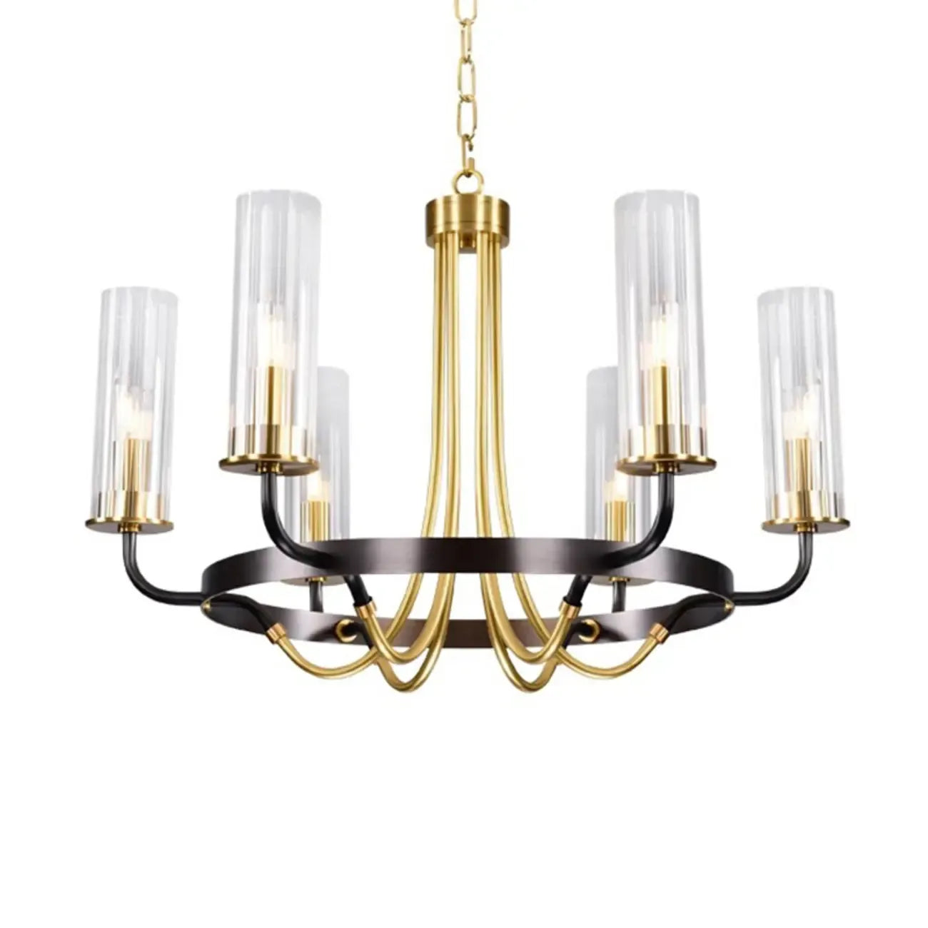 Lustre moderne rond noir et or avec abat-jour en verre transparent