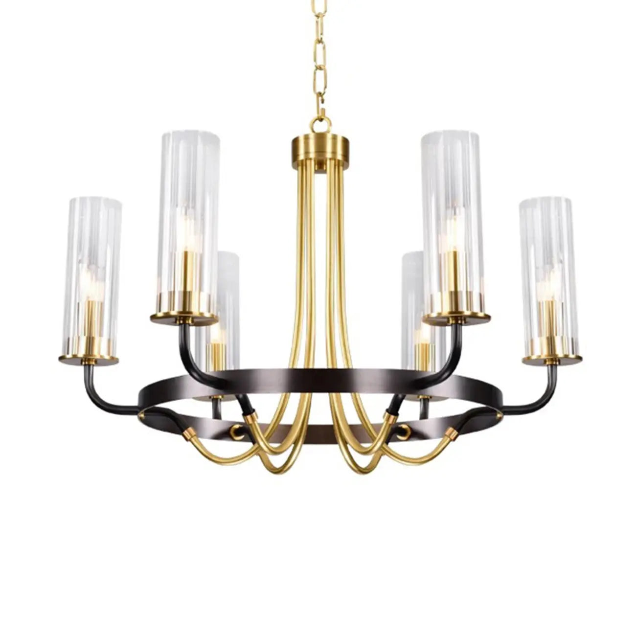 Lustre moderne rond noir et or avec abat-jour en verre transparent