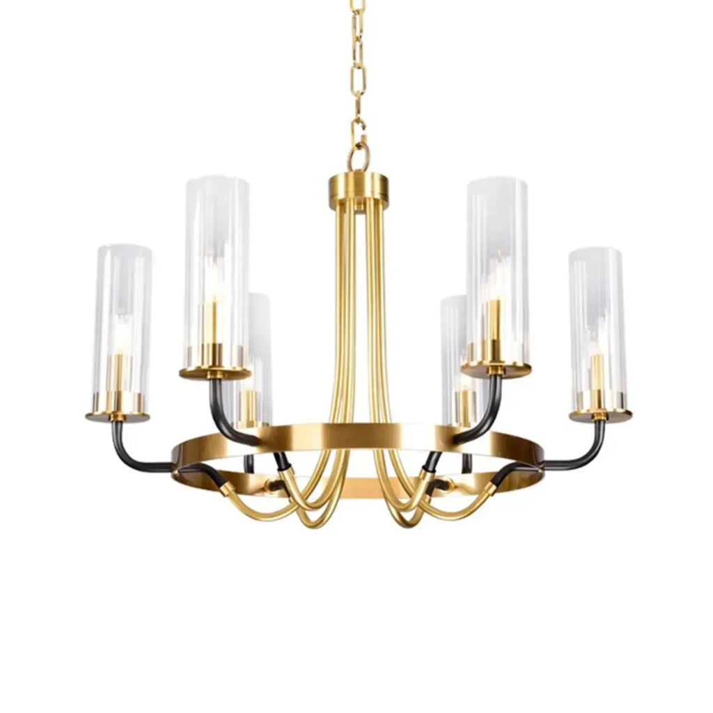 Lustre moderne rond noir et or avec abat-jour en verre transparent