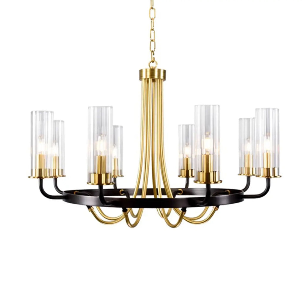 Lustre moderne rond noir et or avec abat-jour en verre transparent