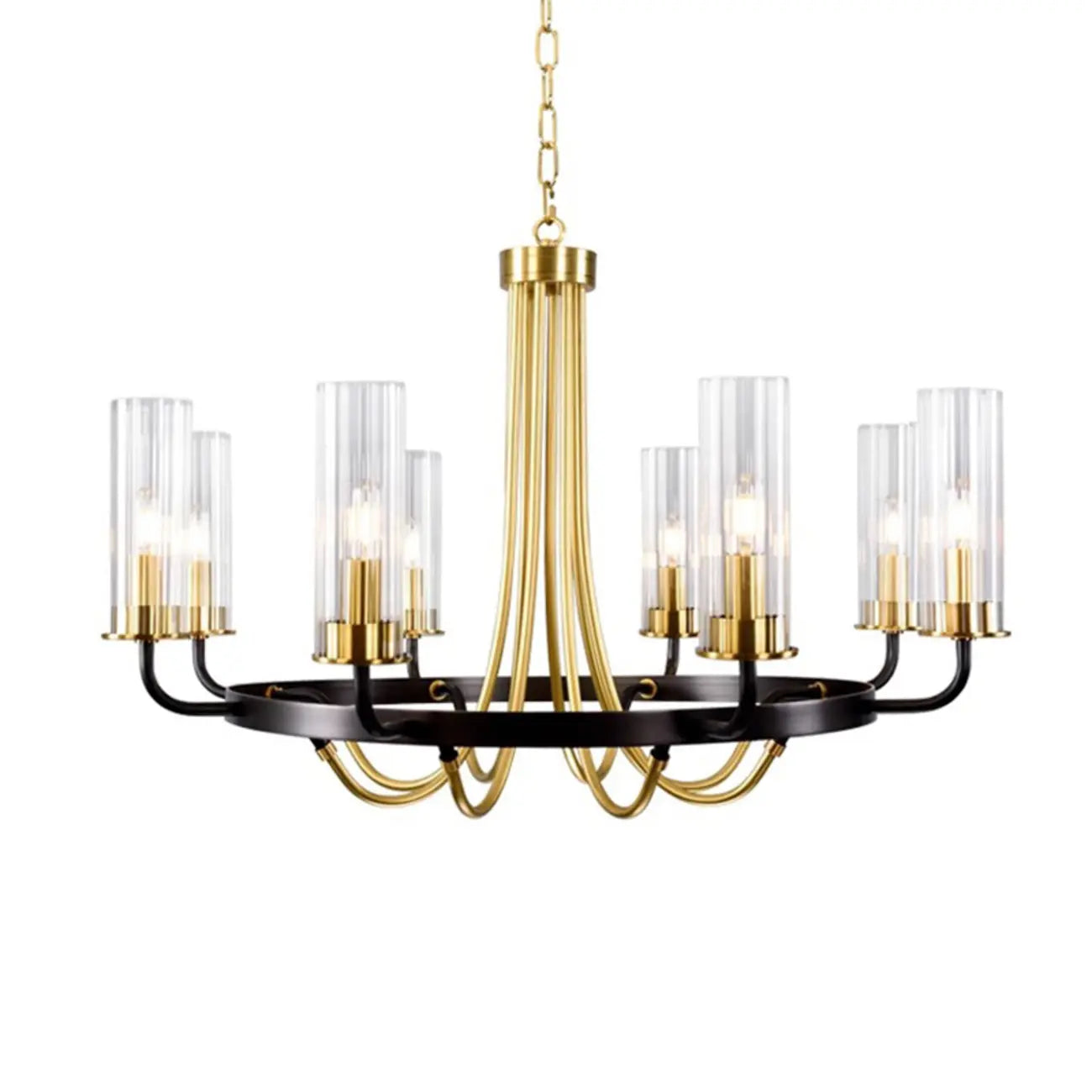 Lustre moderne rond noir et or avec abat-jour en verre transparent
