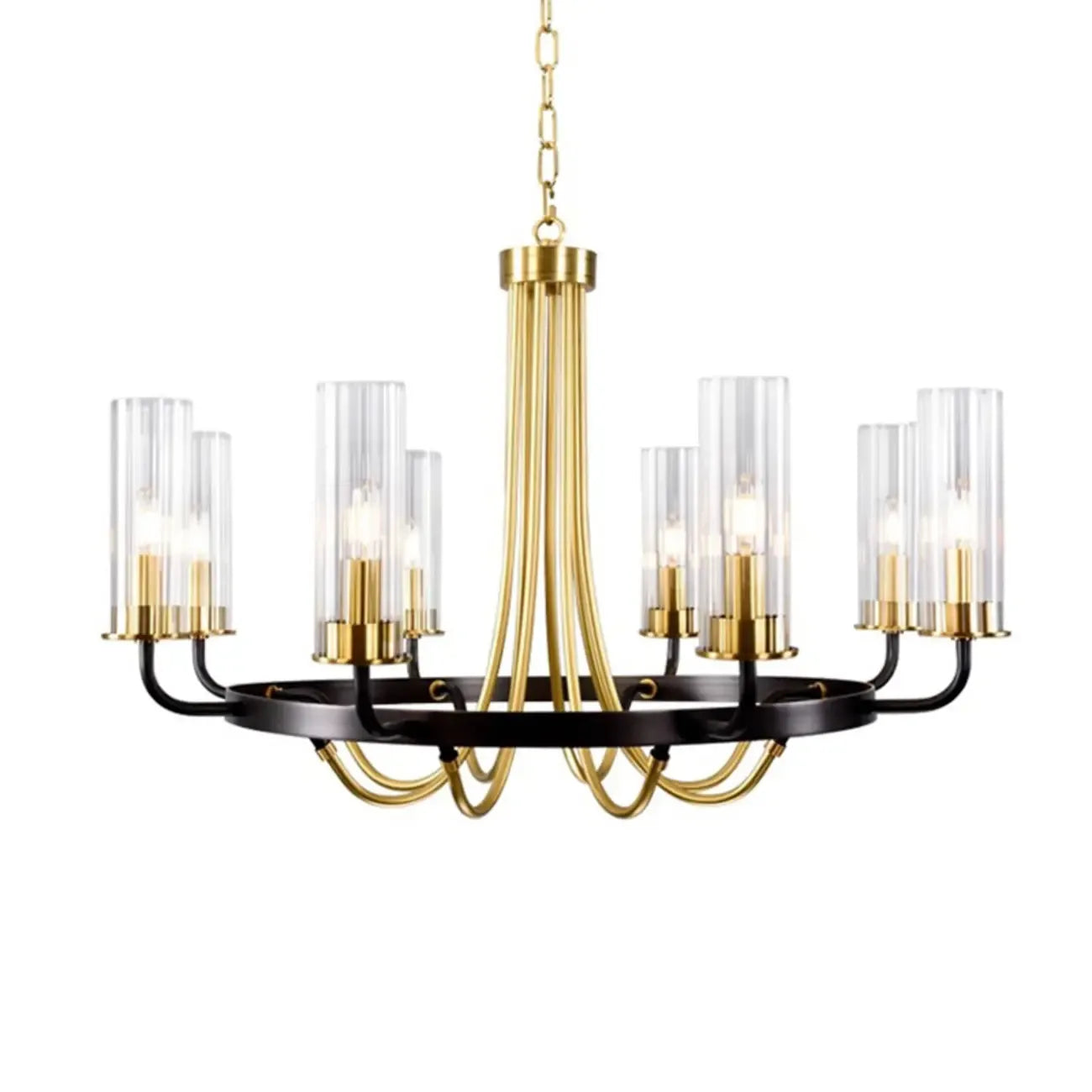 Lustre moderne rond noir et or avec abat-jour en verre transparent