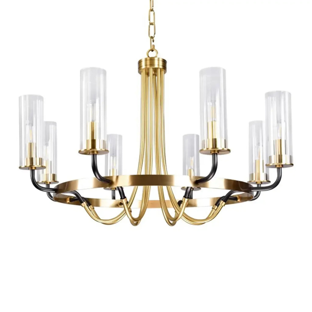 Lustre moderne rond noir et or avec abat-jour en verre transparent