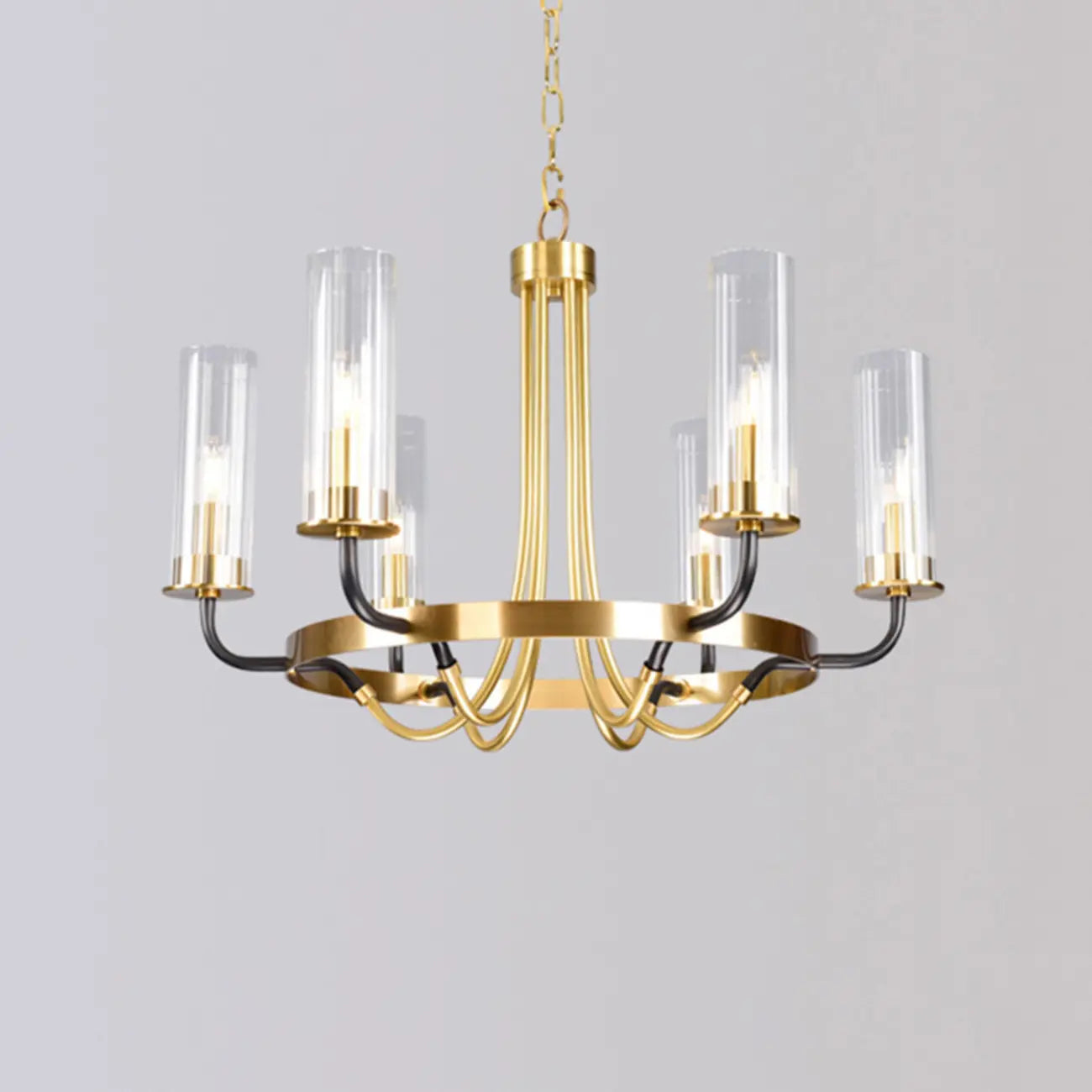 Lustre moderne rond noir et or avec abat-jour en verre transparent