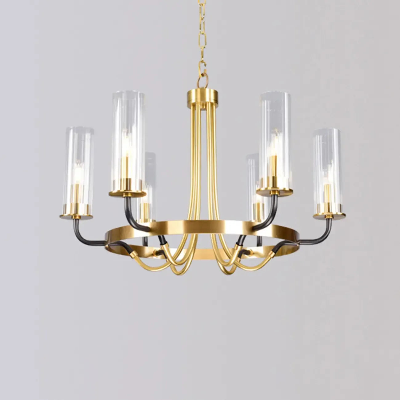 Lustre moderne rond noir et or avec abat-jour en verre transparent