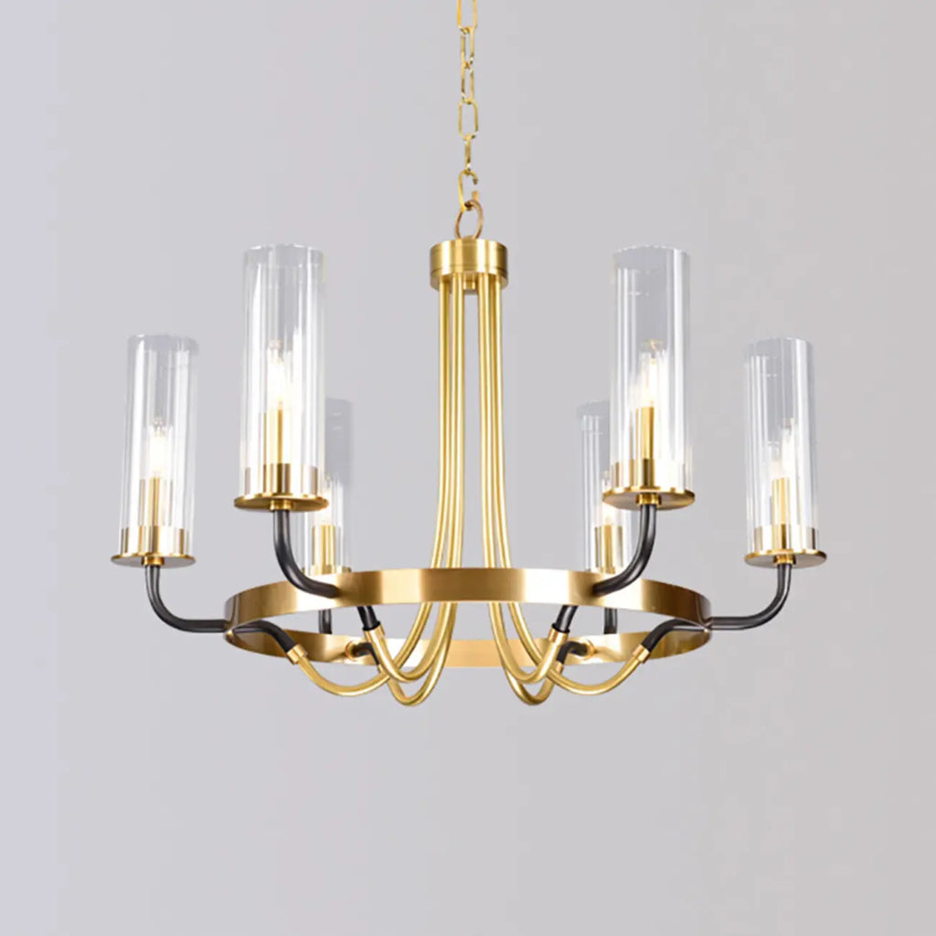 Lustre moderne rond noir et or avec abat-jour en verre transparent