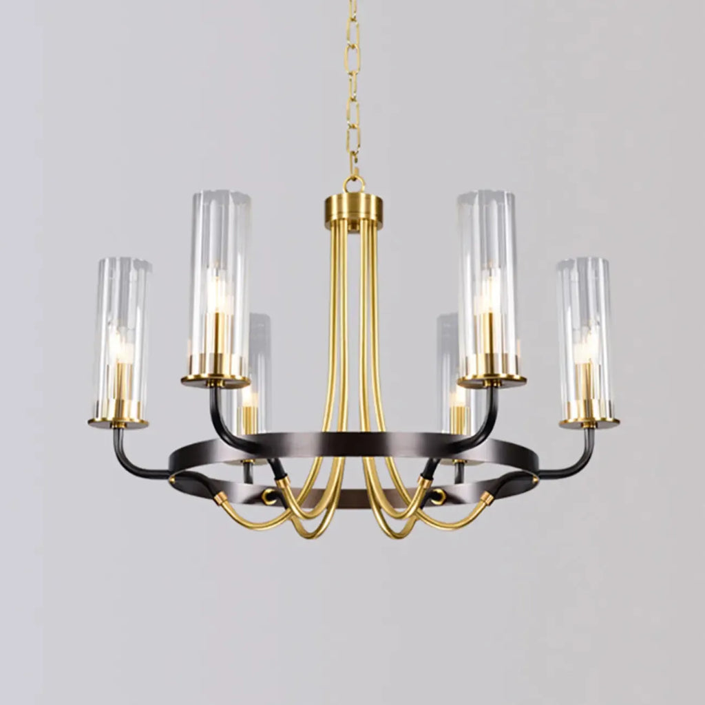 Lustre moderne rond noir et or avec abat-jour en verre transparent