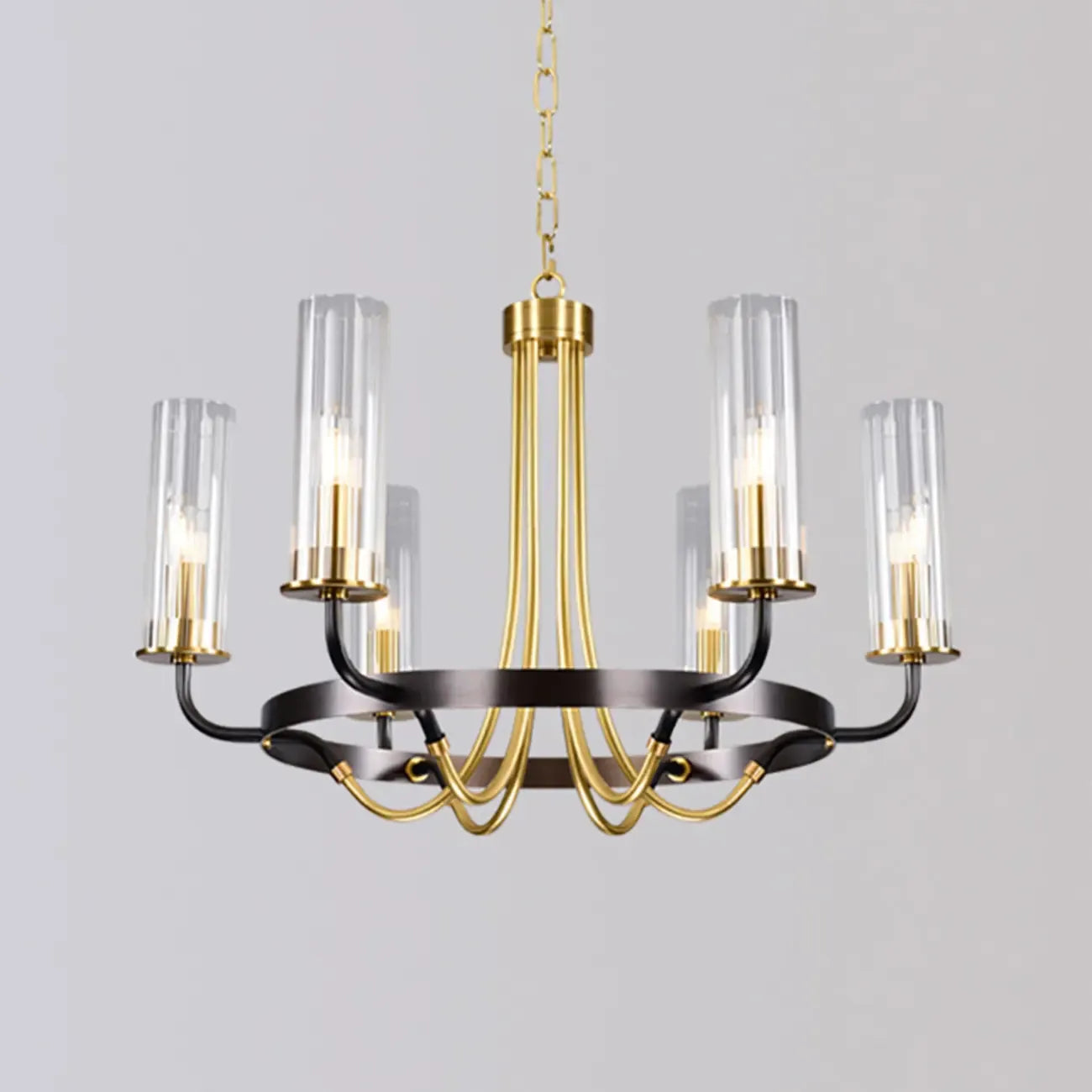 Lustre moderne rond noir et or avec abat-jour en verre transparent