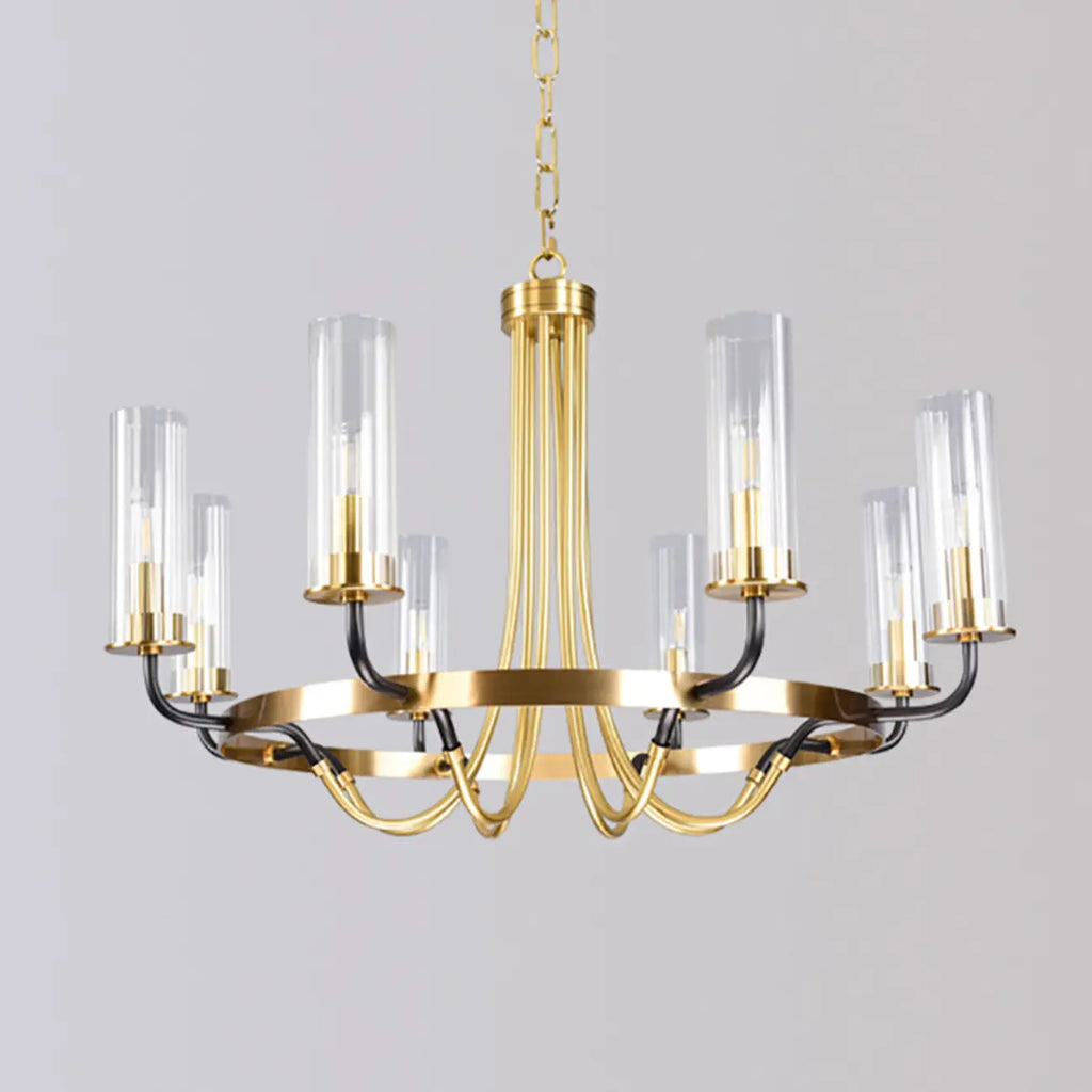 Lustre moderne rond noir et or avec abat-jour en verre transparent
