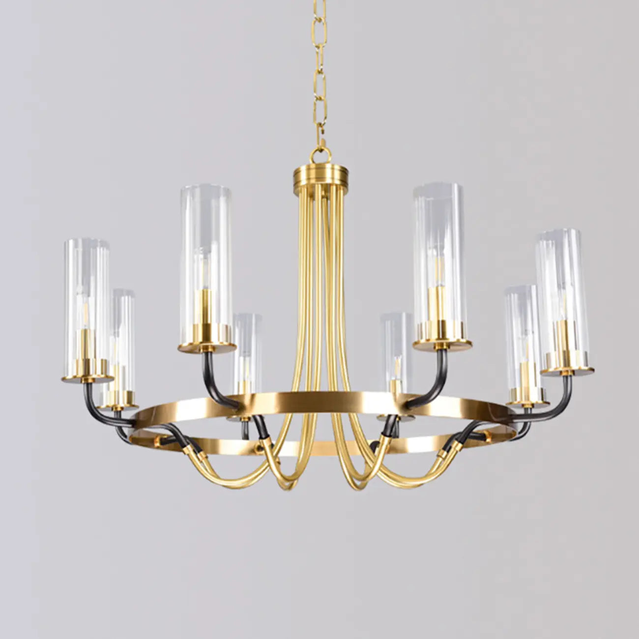 Lustre moderne rond noir et or avec abat-jour en verre transparent