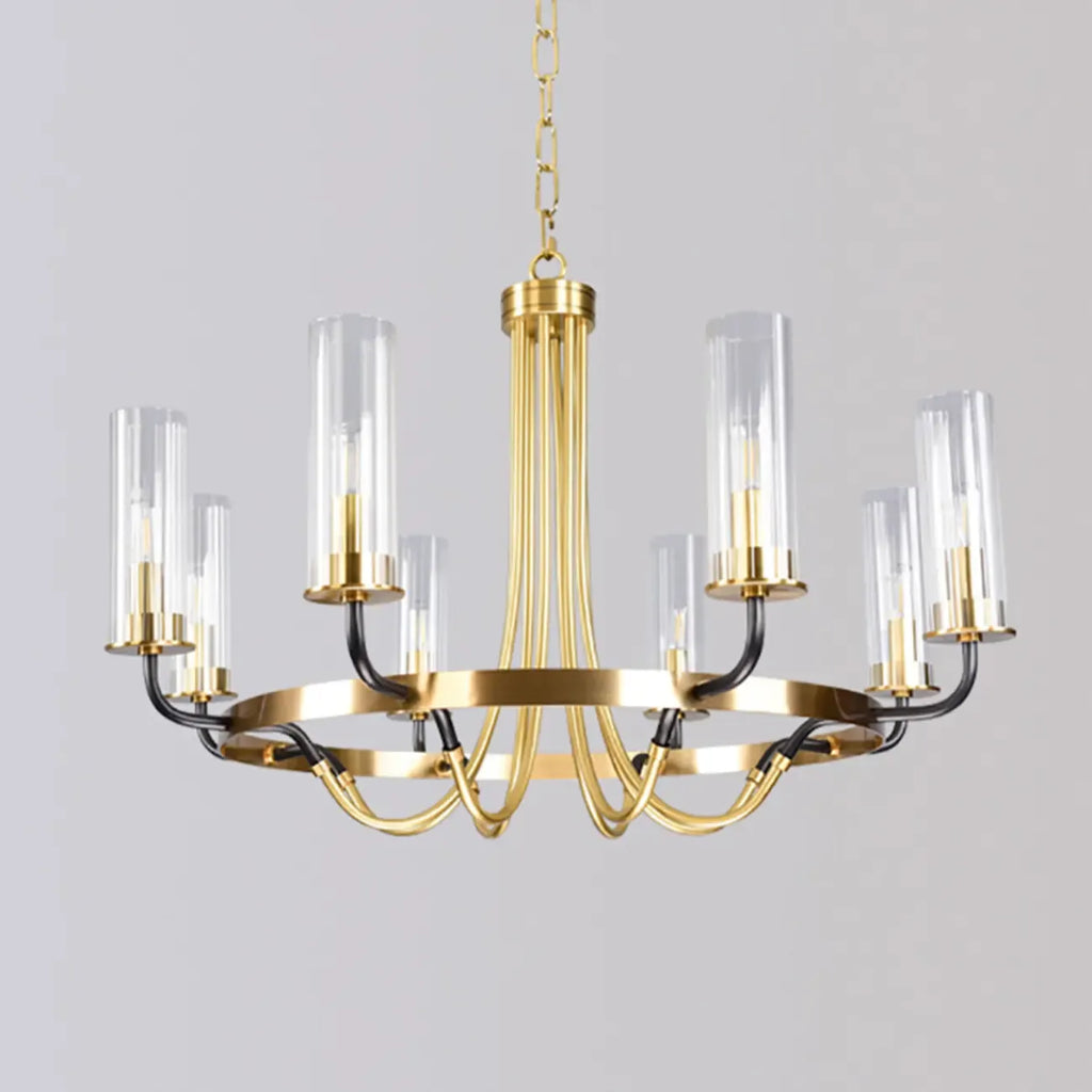 Lustre moderne rond noir et or avec abat-jour en verre transparent
