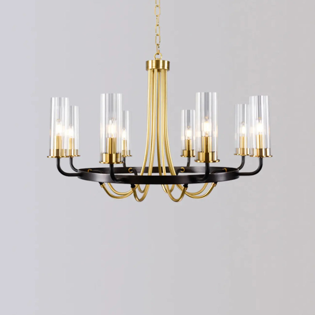 Lustre moderne rond noir et or avec abat-jour en verre transparent