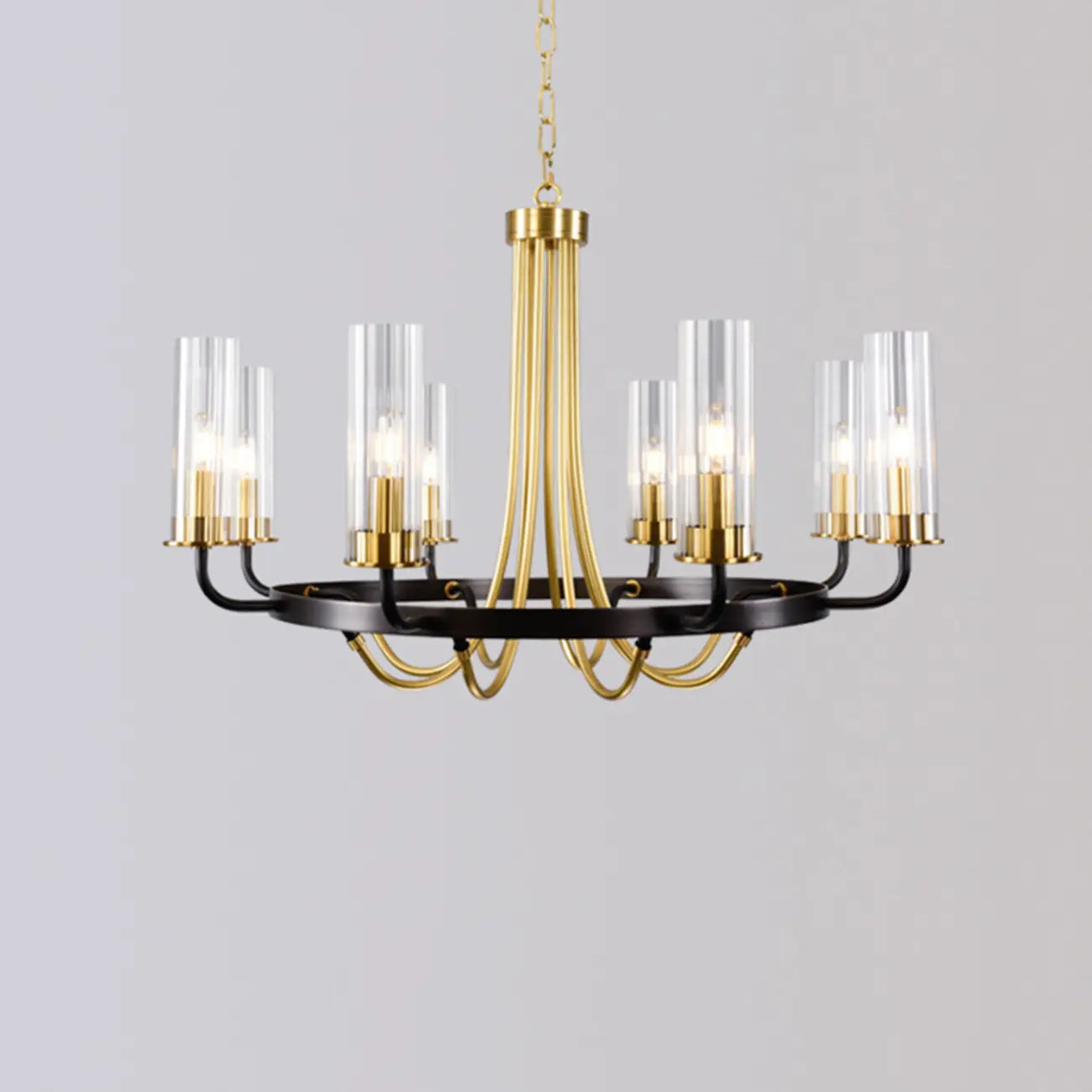 Lustre moderne rond noir et or avec abat-jour en verre transparent