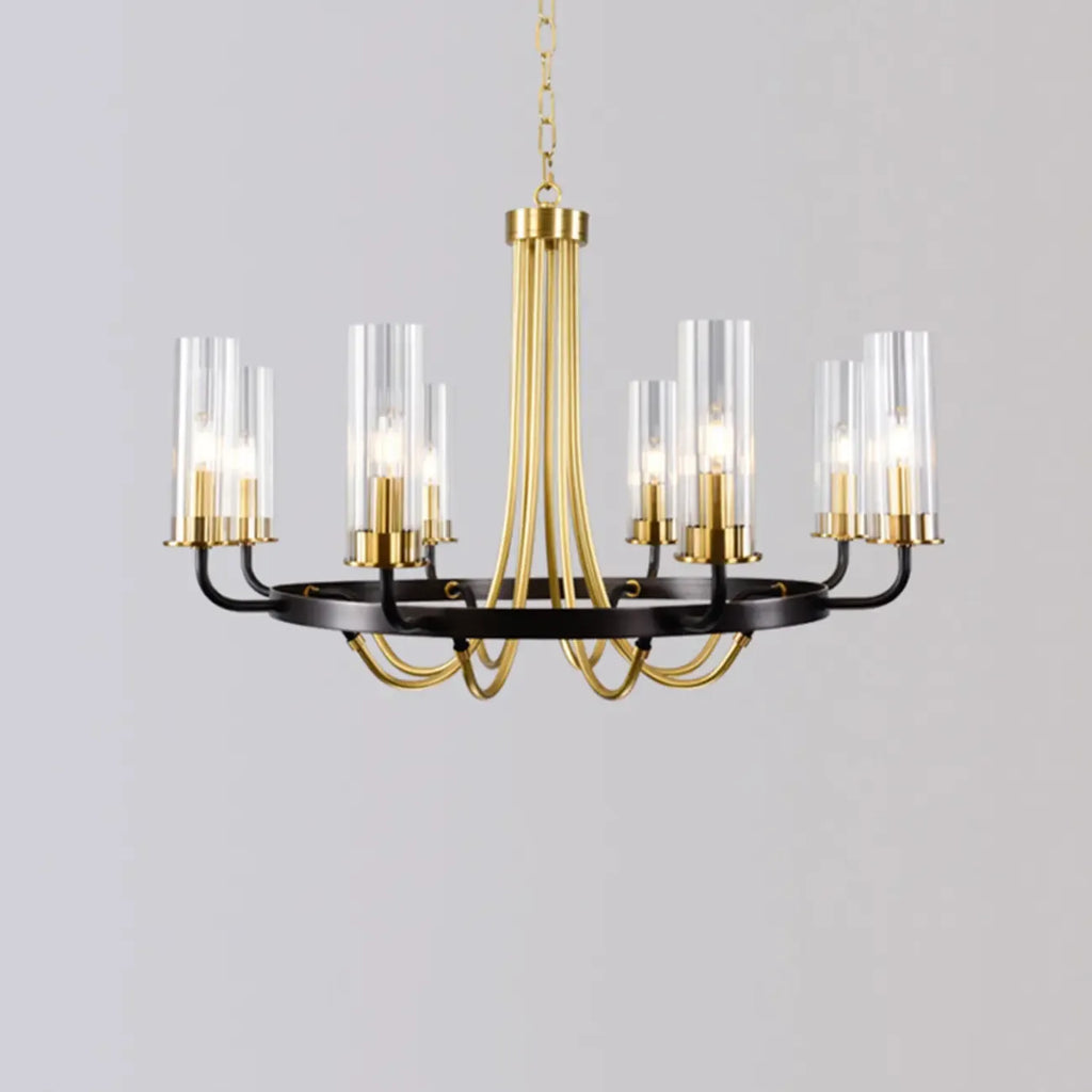 Lustre moderne rond noir et or avec abat-jour en verre transparent