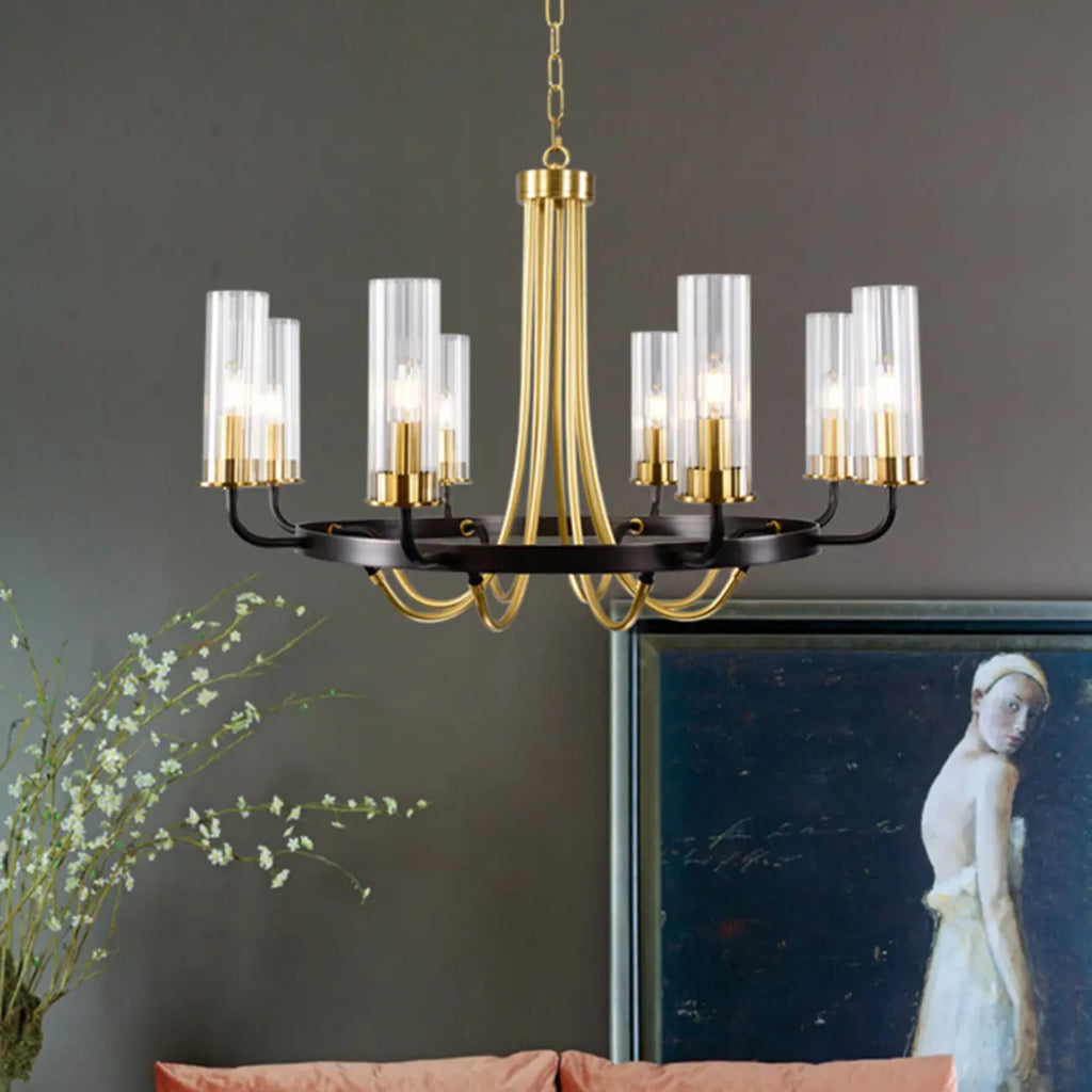 Lustre moderne rond noir et or avec abat-jour en verre transparent