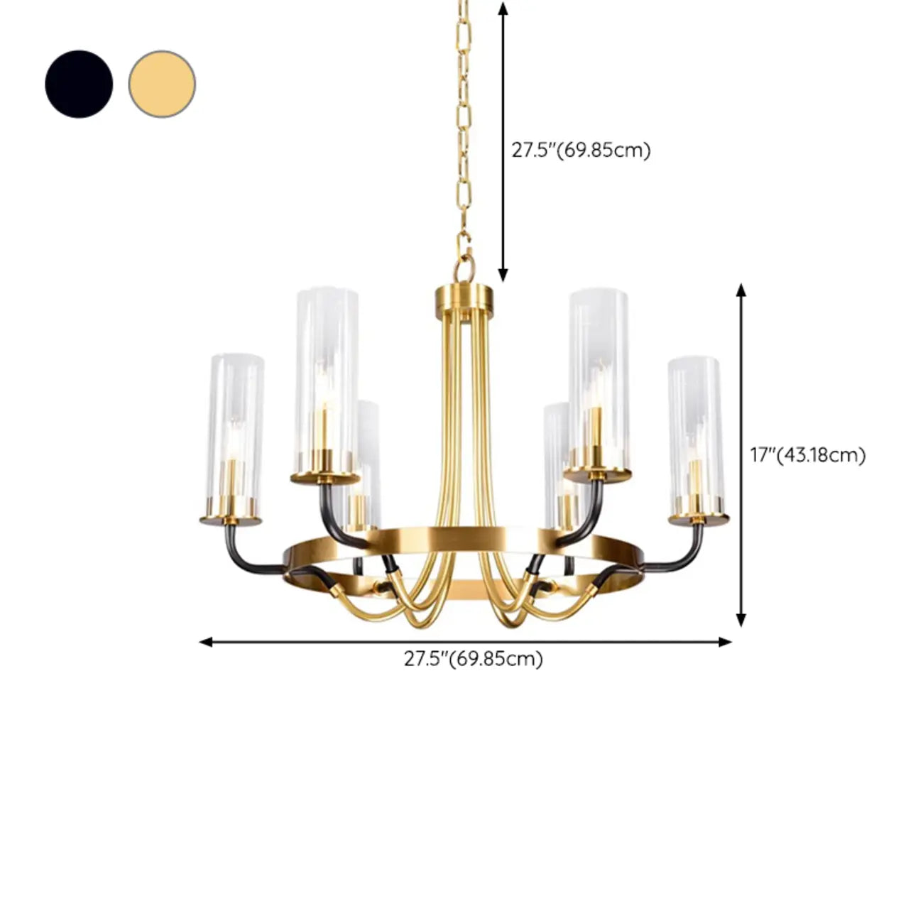 Lustre moderne rond noir et or avec abat-jour en verre transparent