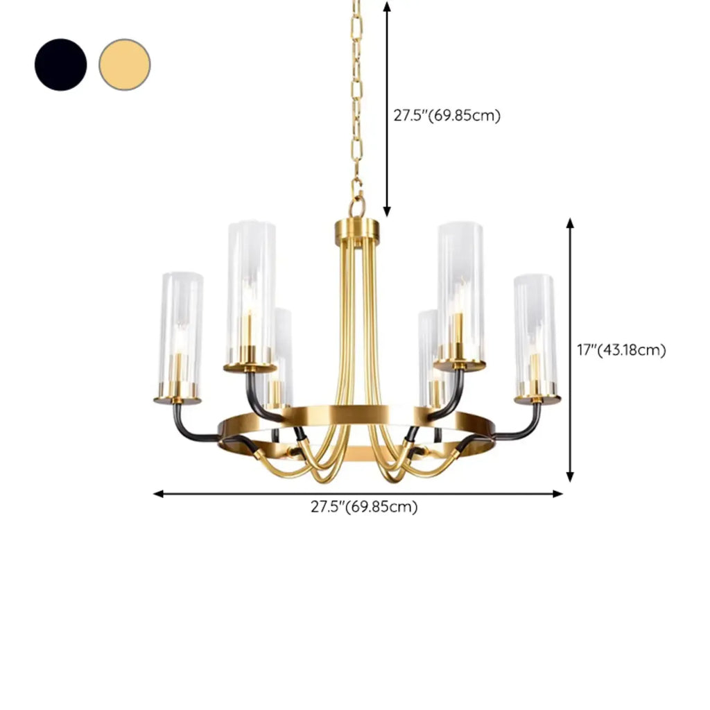 Lustre moderne rond noir et or avec abat-jour en verre transparent