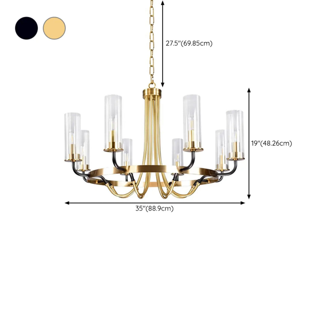 Lustre moderne rond noir et or avec abat-jour en verre transparent