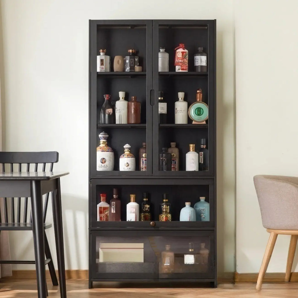 Vitrine contemporaine à 5 étagères en bambou et verre noir