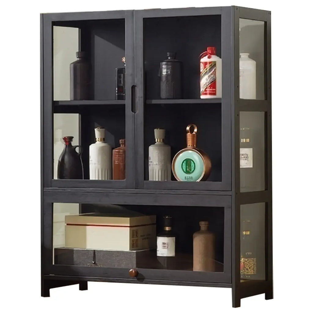 Vitrine contemporaine à 5 étagères en bambou et verre noir