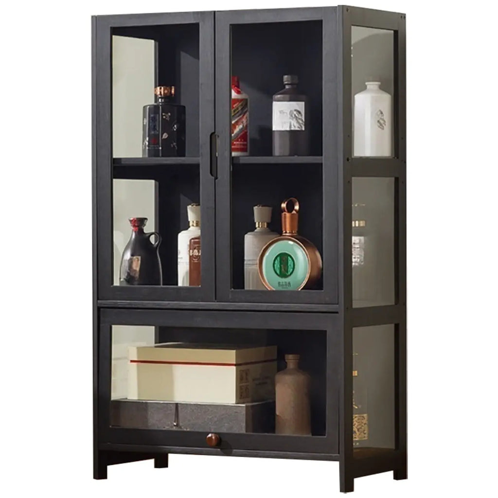 Vitrine contemporaine à 5 étagères en bambou et verre noir