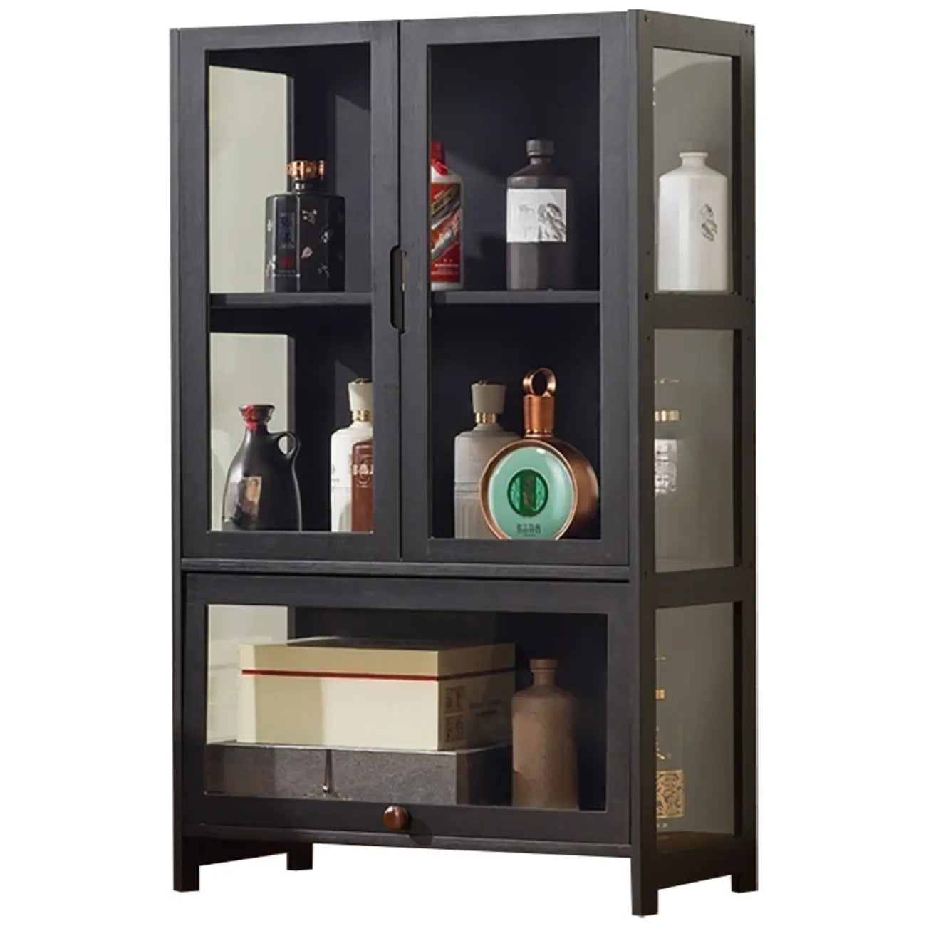 Vitrine contemporaine à 5 étagères en bambou et verre noir