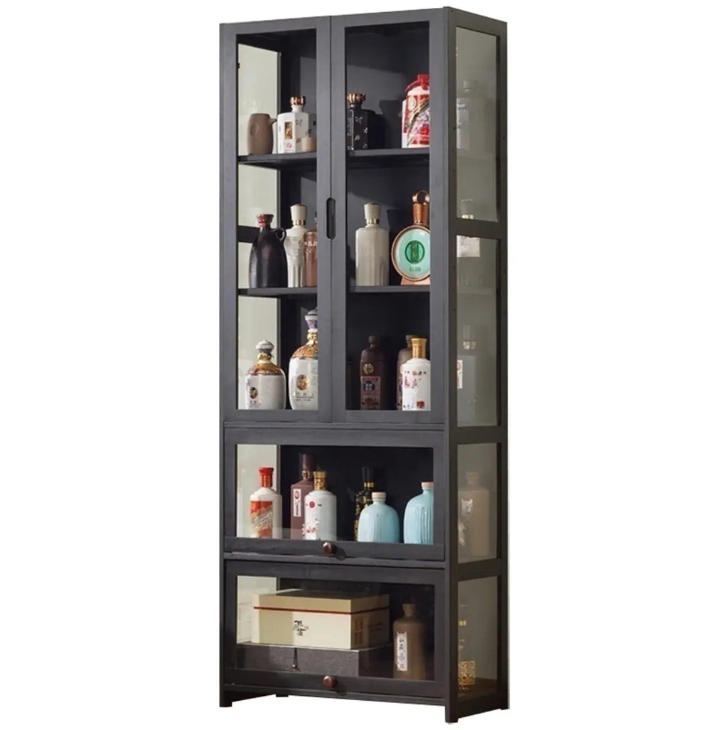Vitrine contemporaine à 5 étagères en bambou et verre noir