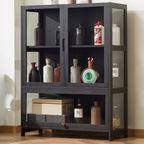Vitrine contemporaine à 5 étagères en bambou et verre noir
