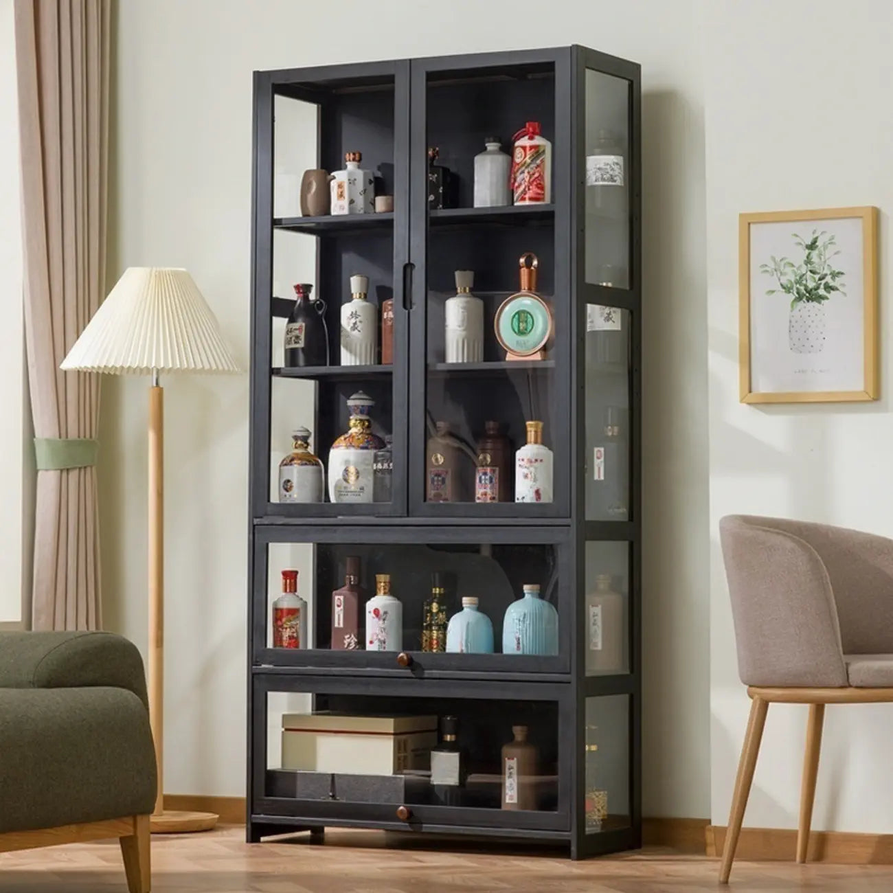 Vitrine contemporaine à 5 étagères en bambou et verre noir