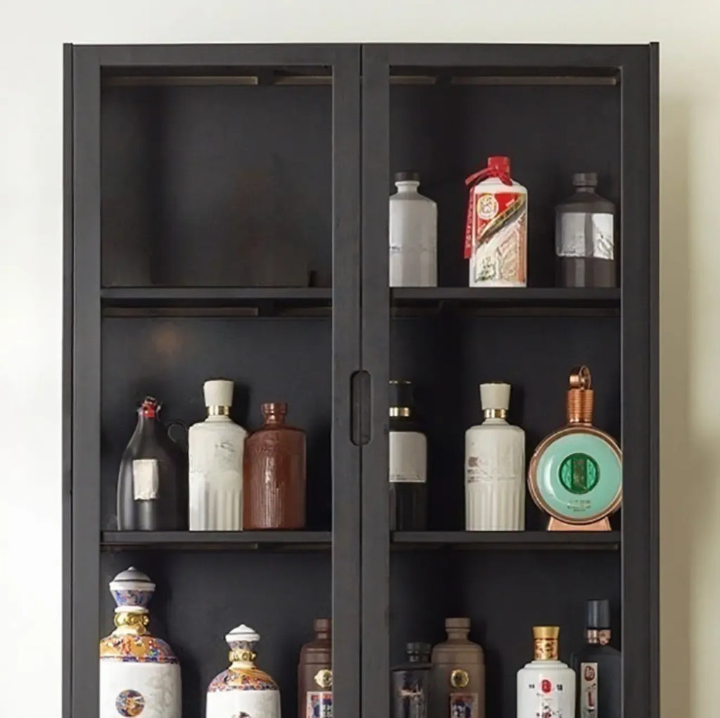 Vitrine contemporaine à 5 étagères en bambou et verre noir
