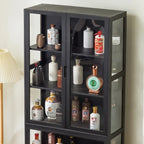 Vitrine contemporaine à 5 étagères en bambou et verre noir