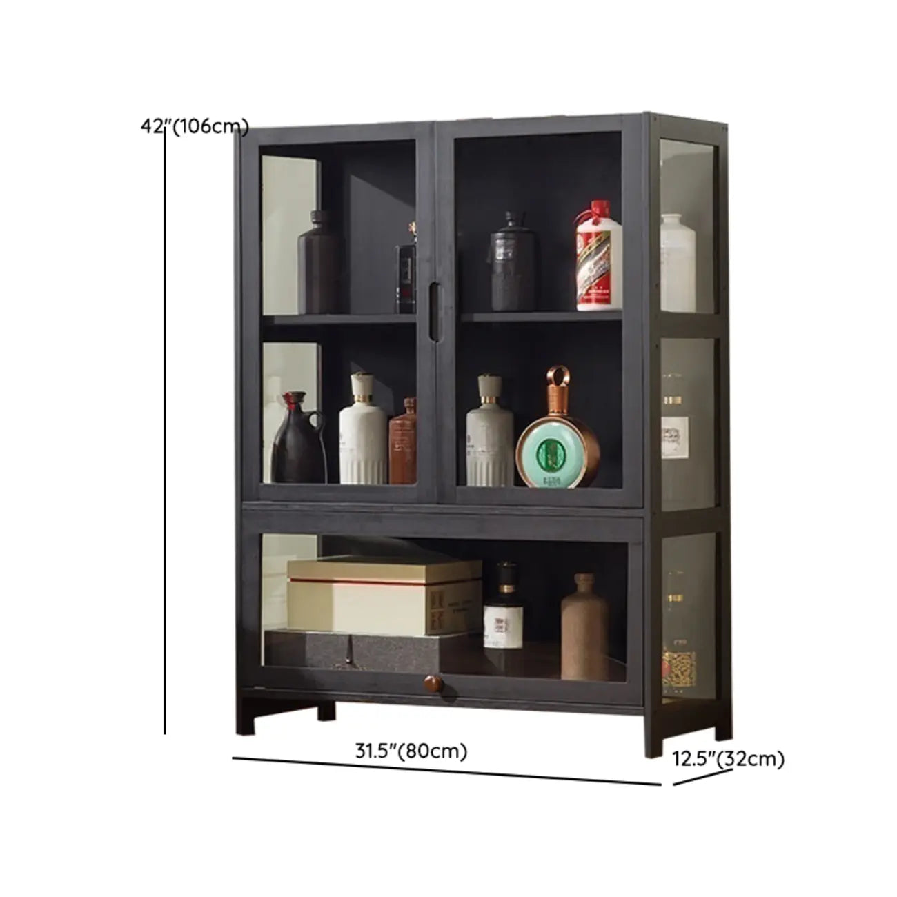 Vitrine contemporaine à 5 étagères en bambou et verre noir