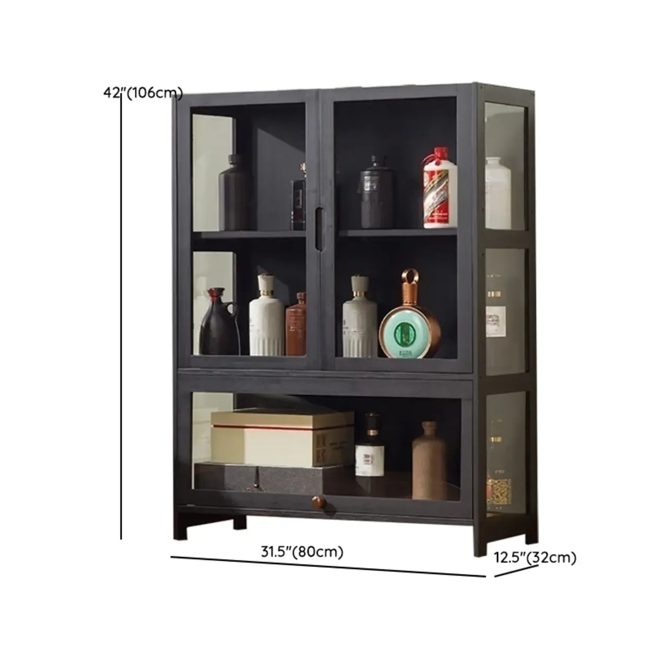 Vitrine contemporaine à 5 étagères en bambou et verre noir