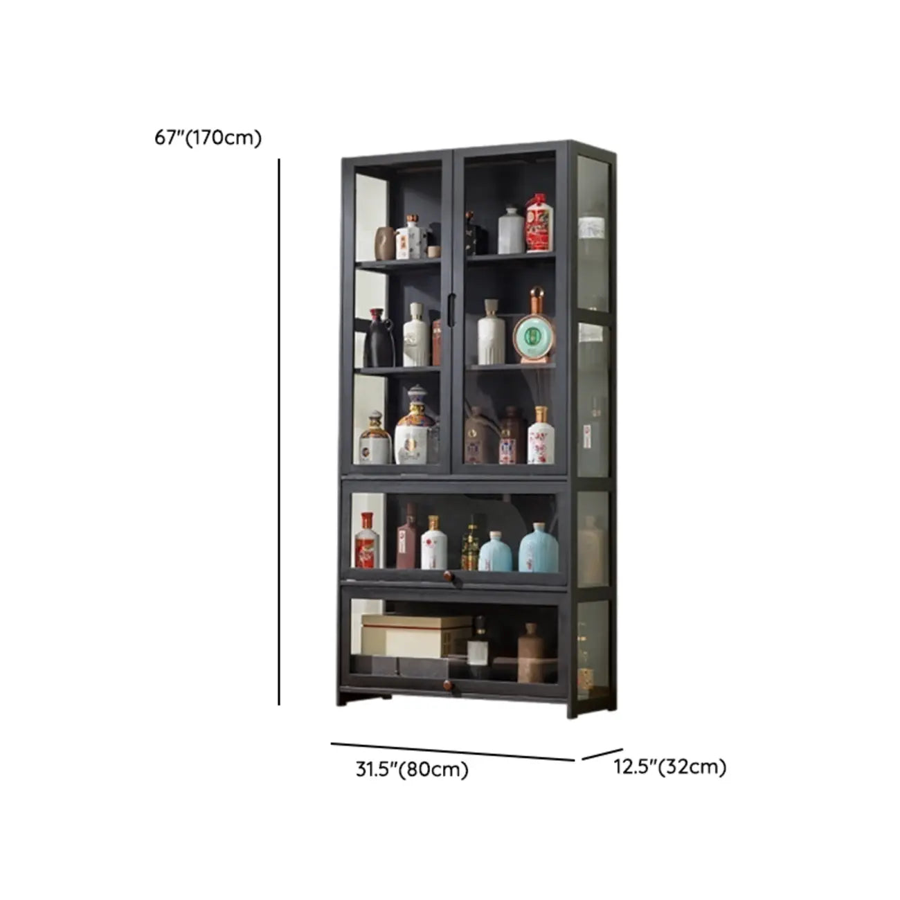 Vitrine contemporaine à 5 étagères en bambou et verre noir