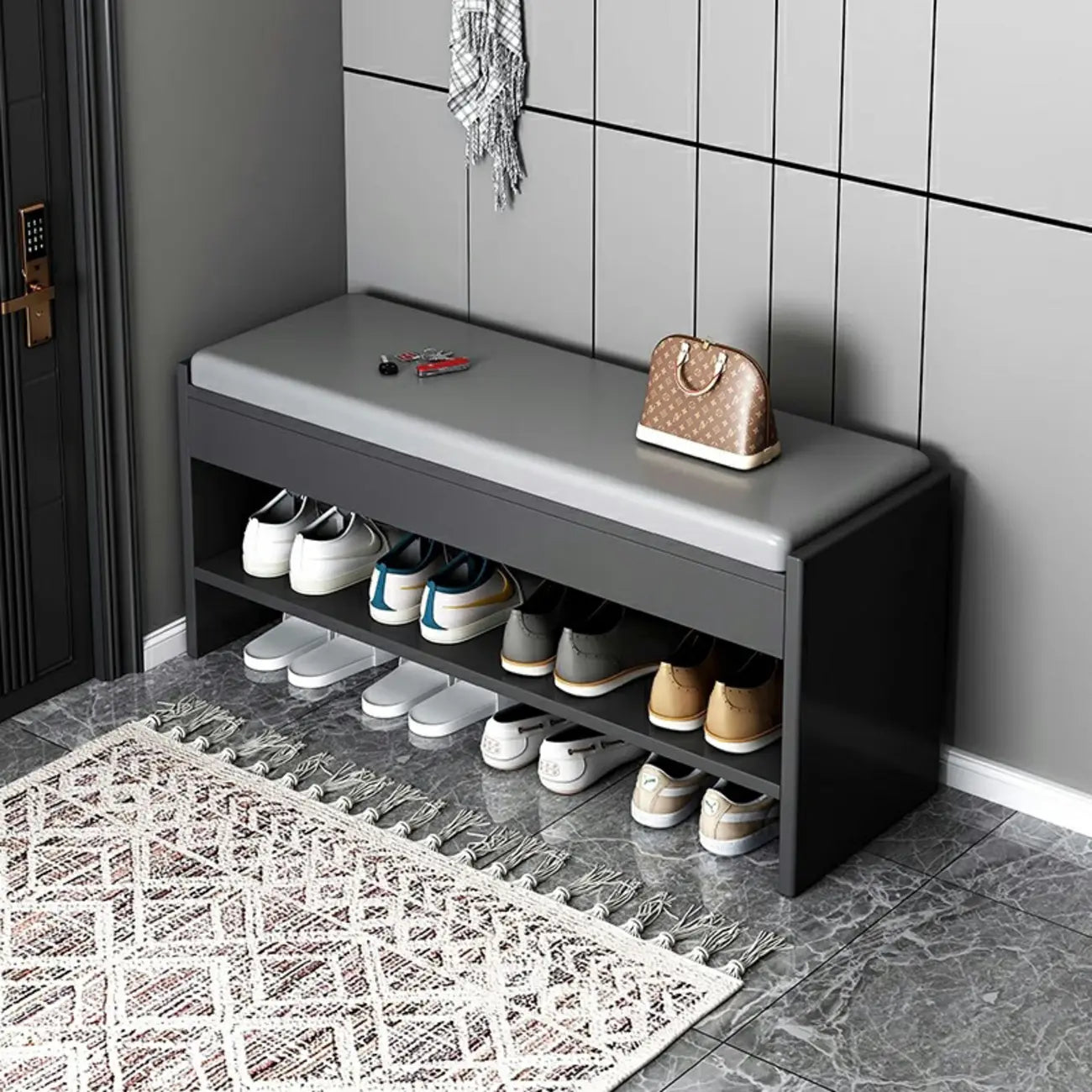 Banc de rangement à chaussures minimaliste en cuir pour entrée