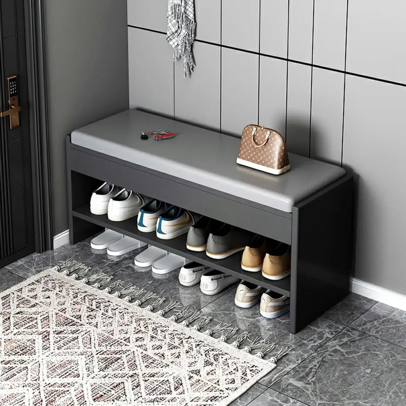 Banc de rangement à chaussures minimaliste en cuir pour entrée