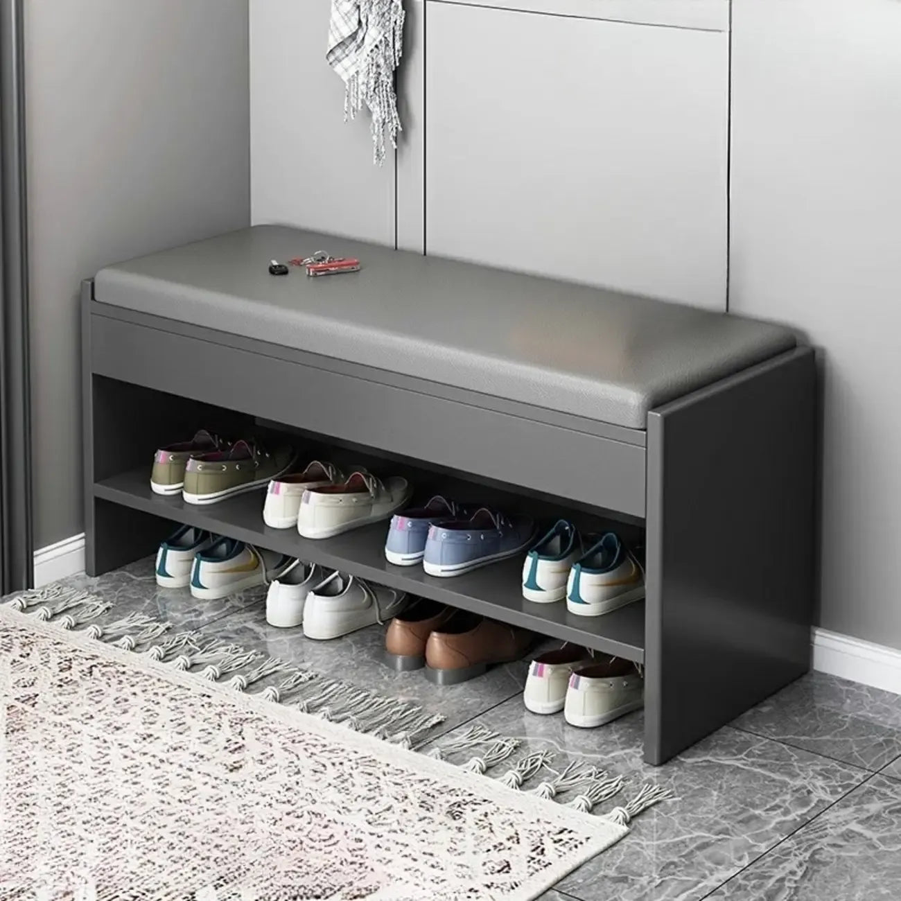 Banc de rangement à chaussures minimaliste en cuir pour entrée