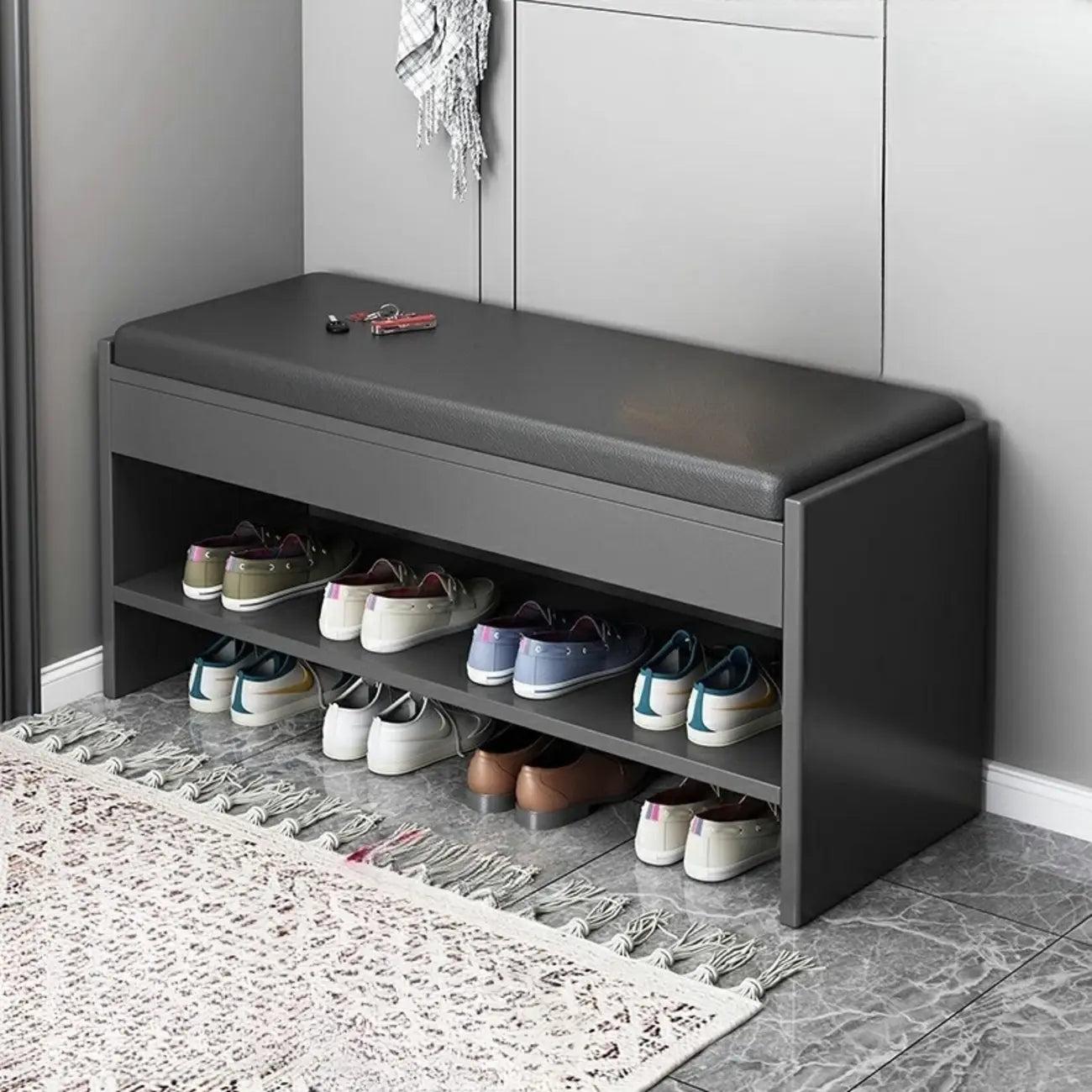 Banc de rangement à chaussures minimaliste en cuir pour entrée