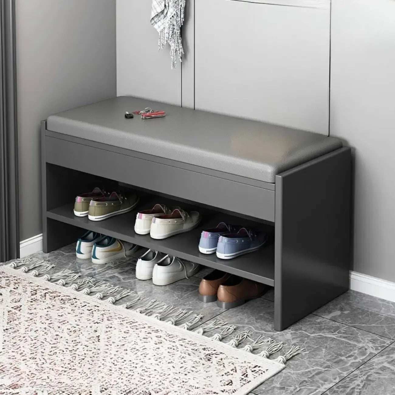 Banc de rangement à chaussures minimaliste en cuir pour entrée