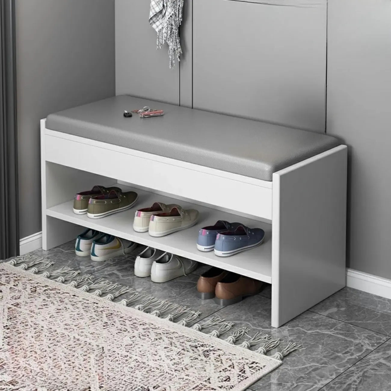 Banc de rangement à chaussures minimaliste en cuir pour entrée