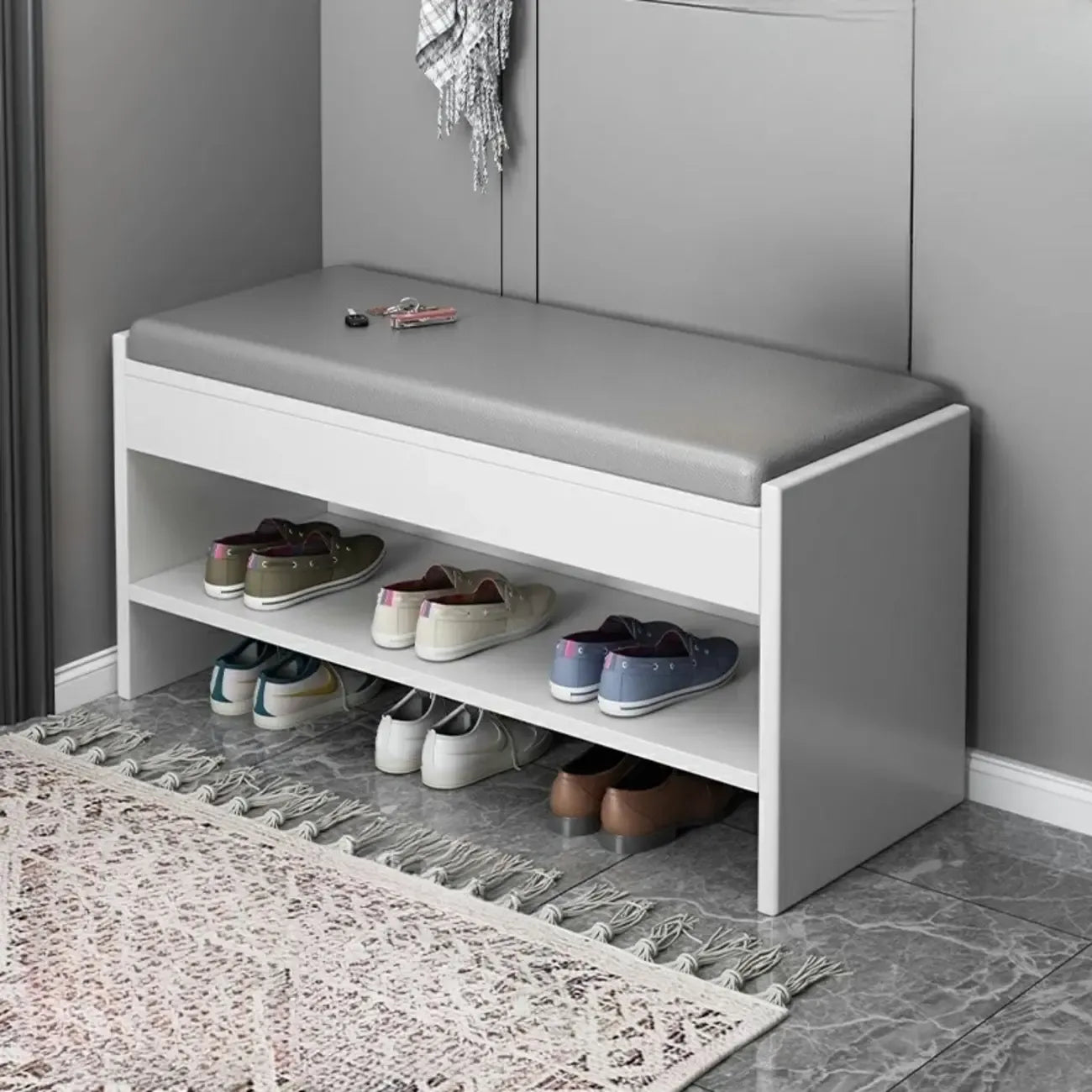 Banc de rangement à chaussures minimaliste en cuir pour entrée