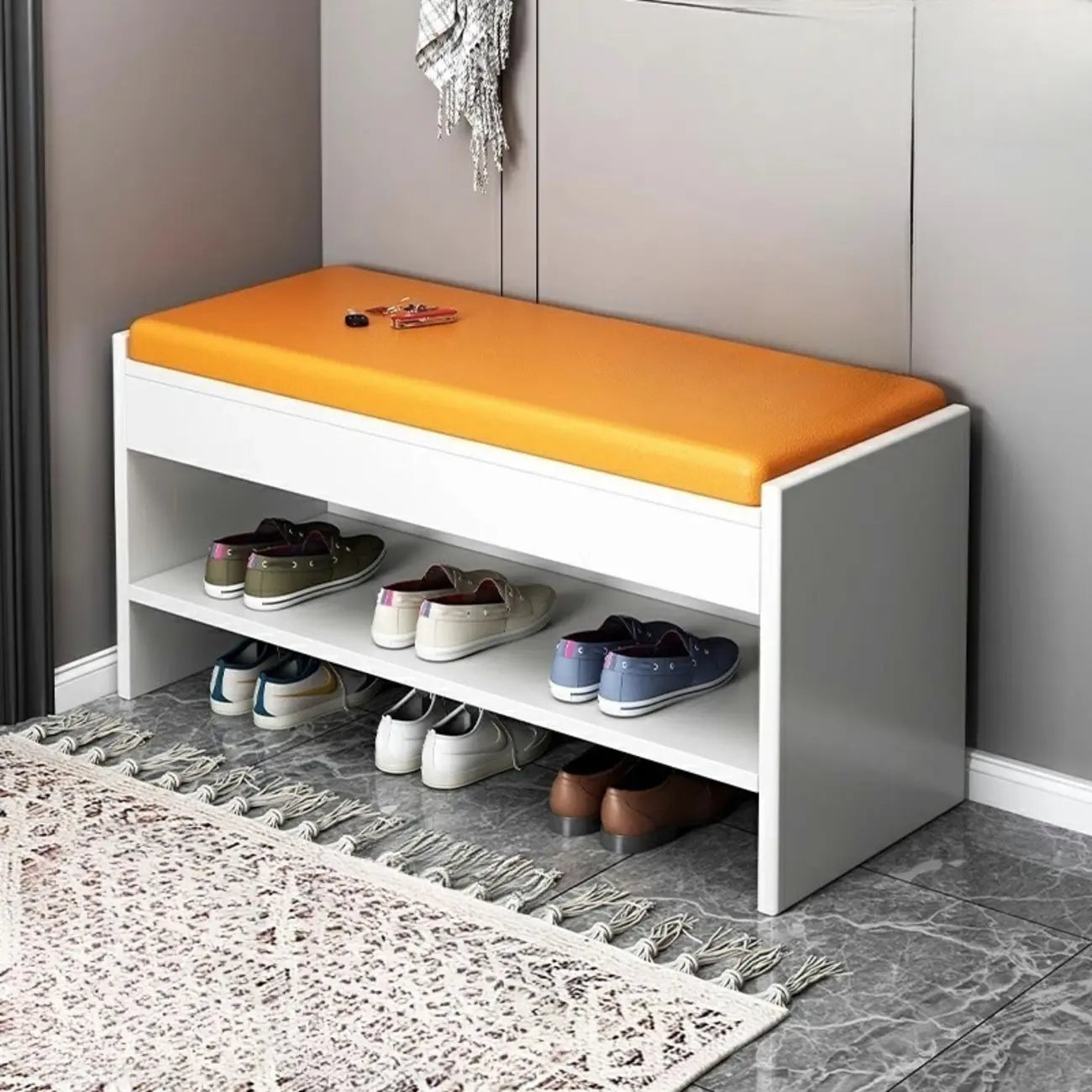 Banc de rangement à chaussures minimaliste en cuir pour entrée
