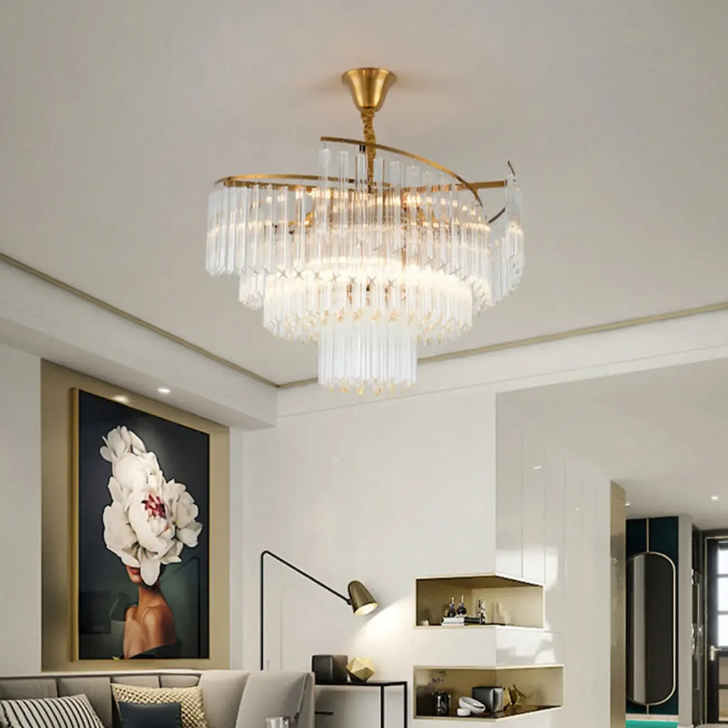 Lustre moderne à plusieurs niveaux, rond, en cristal doré et à hauteur réglable