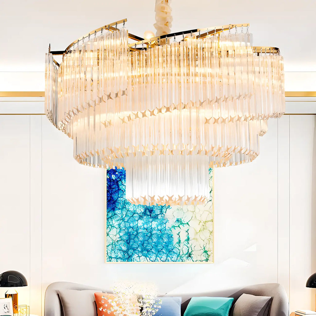 Lustre moderne à plusieurs niveaux, rond, en cristal doré et à hauteur réglable